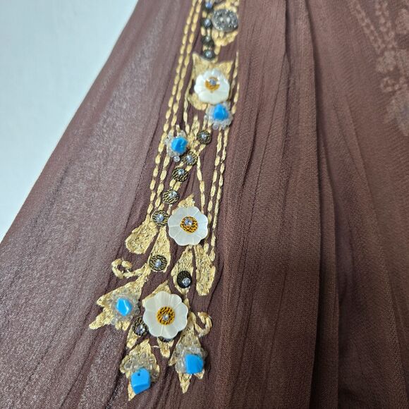 Vintage 90s Womens Top Large Brown Embroidered Sheer French Boho Flowy Blouse - Picture 3 of 13
